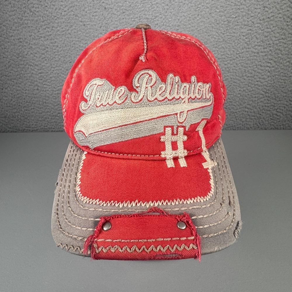 VTG True Religion Hat Mens Red Gray Distressed Y2K Buddha‎ Logo Baseball Cap